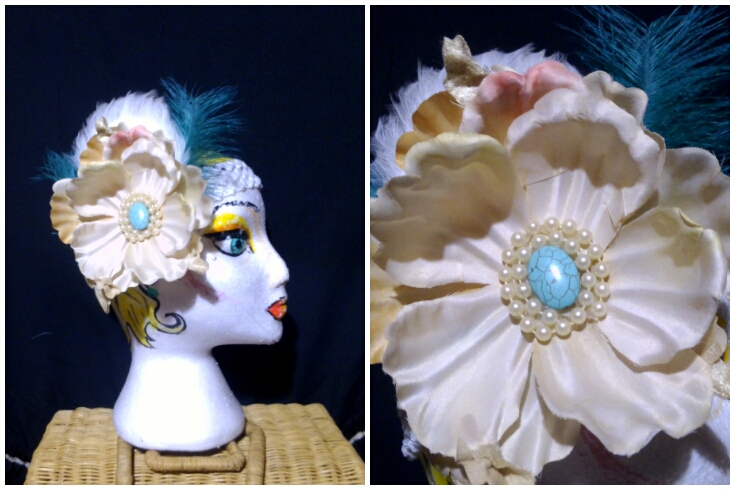Feathers And Pearls- Wedding Fascinator - Festival Wear- One Size - Aqua Turquoise White Cream